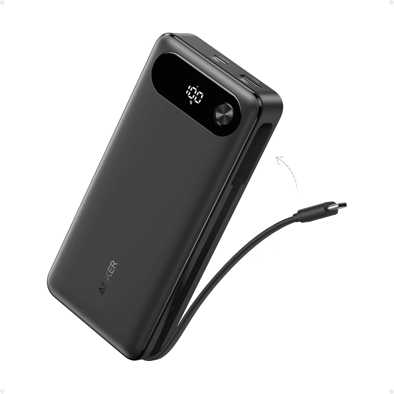 A black Anker portable power bank with an LED display and an attached USB-C charging cable.
