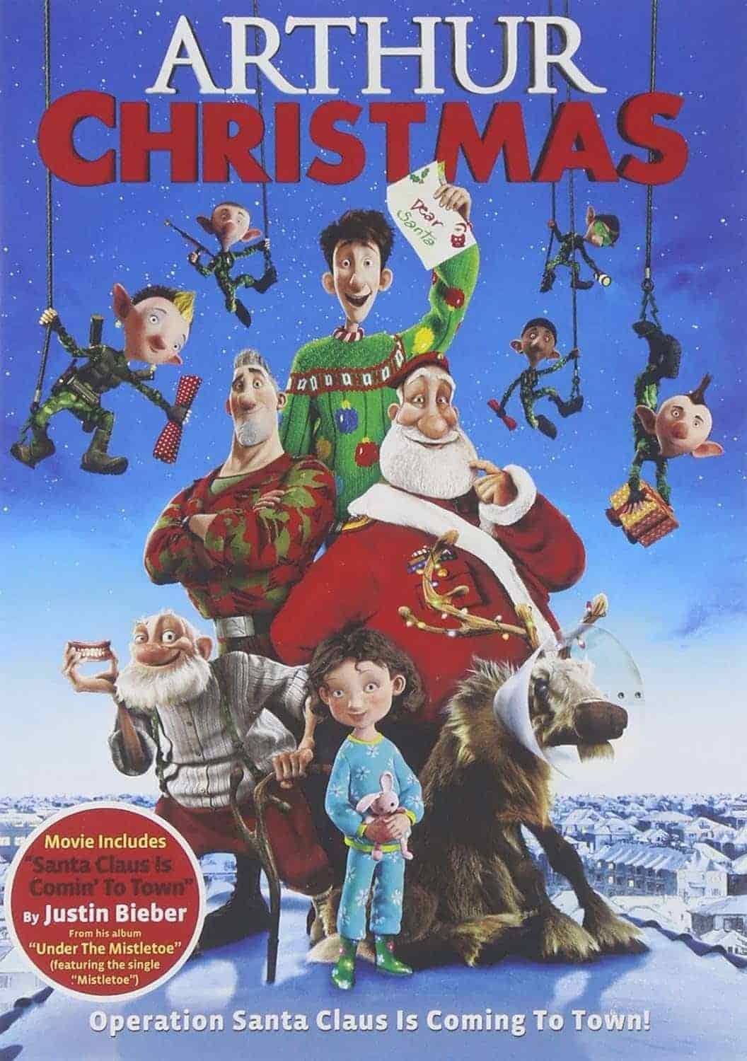 Poster for the animated film "Arthur Christmas," showing Arthur, Santa Claus, and other characters with Christmas decorations and presents, with snowy background and elves hanging from ropes.