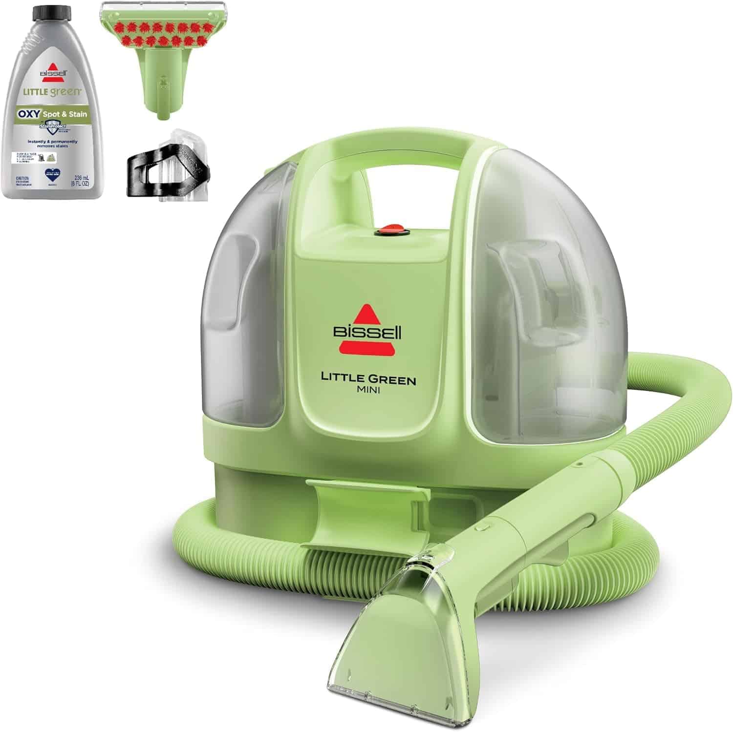 A Bissell Little Green Mini portable carpet and upholstery cleaner is shown with a cleaning hose, spray nozzle, cleaning solution bottle, and an attachment tool.