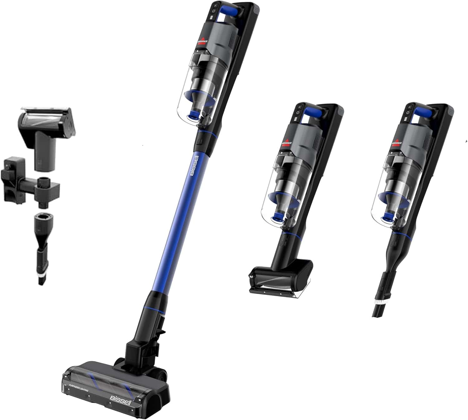 A cordless stick vacuum cleaner shown with three different attachments and three configurations for cleaning floors, upholstery, and crevices.