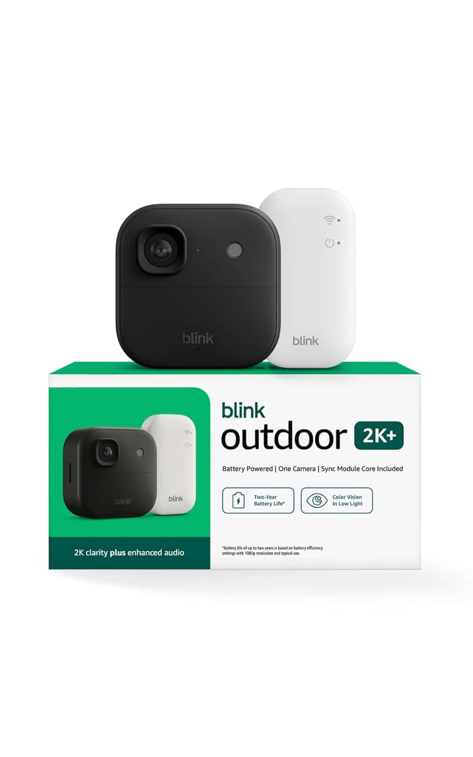 Blink Outdoor 2K+ security camera and sync module displayed on product packaging, highlighting 2K clarity, long battery life, and color night vision features.