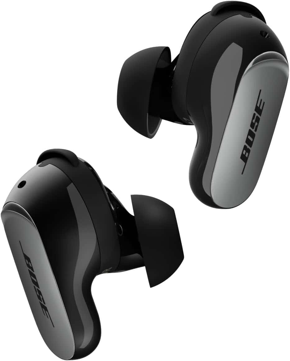 A pair of black Bose wireless earbuds with silicone ear tips, shown from two angles against a white background.