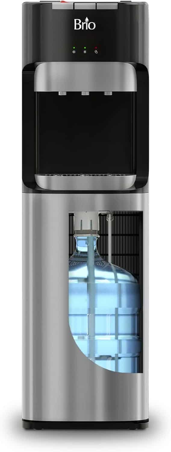 A stainless steel bottom-load water cooler dispenser with a visible blue water jug inside, featuring hot and cold water spouts.