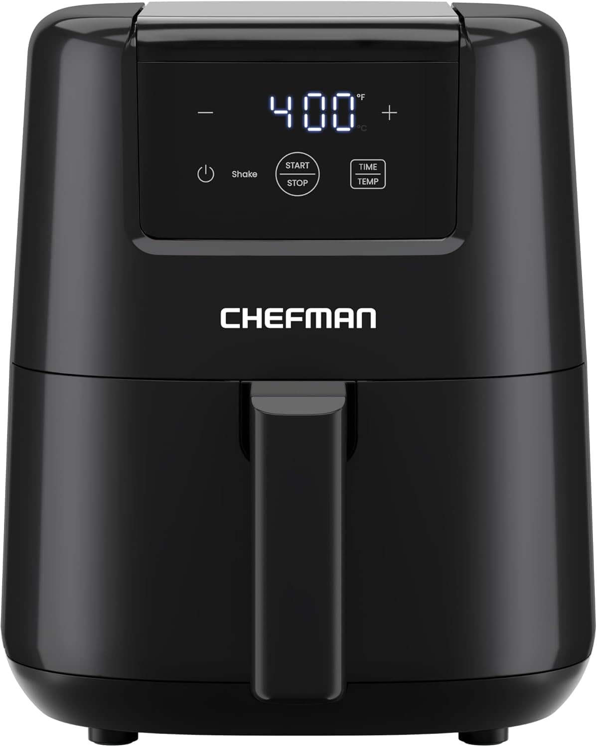 A black Chefman air fryer with a digital display showing 400 degrees Fahrenheit and touch control buttons on the front.