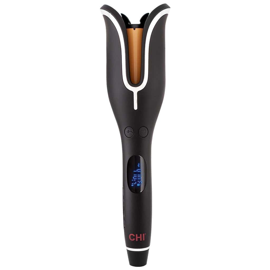 Black CHI automatic hair curler with digital display, buttons, and ceramic barrel, standing upright against a white background.