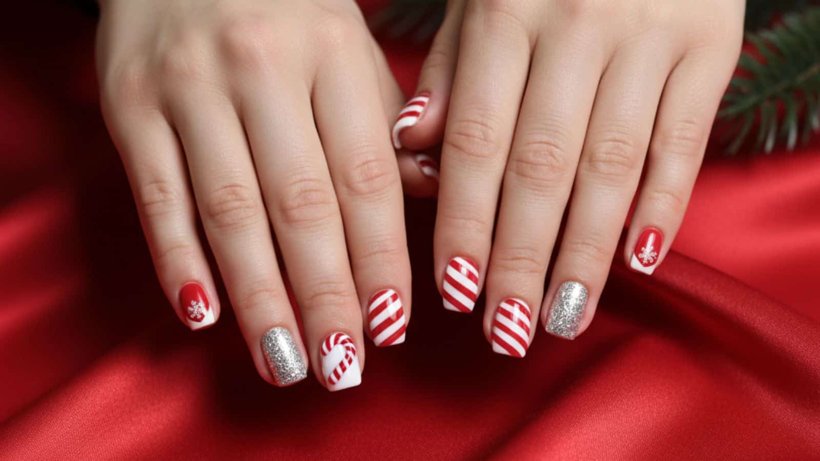 Close-up of hands with festive nail art featuring red, white, and silver designs, including stripes, snowflakes, glitter, and Christmas tree patterns, on a red satin background.