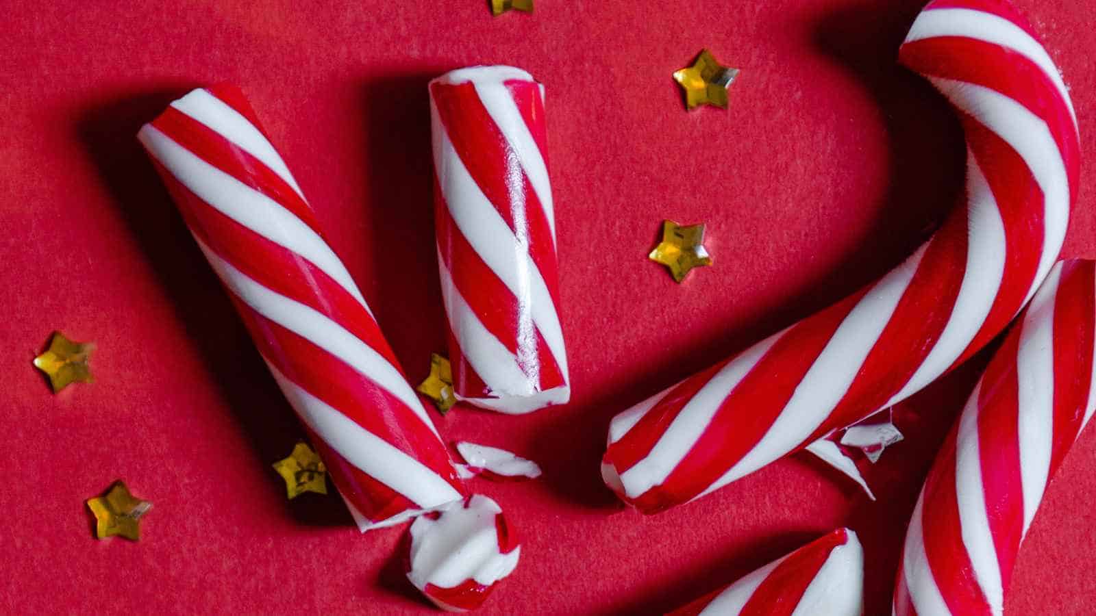 Red and white striped peppermint candy canes, some broken, on a red background with small gold star decorations.