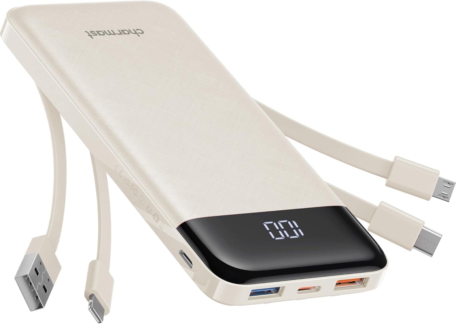 A beige portable power bank with integrated charging cables, USB ports, and a digital display showing the battery level.