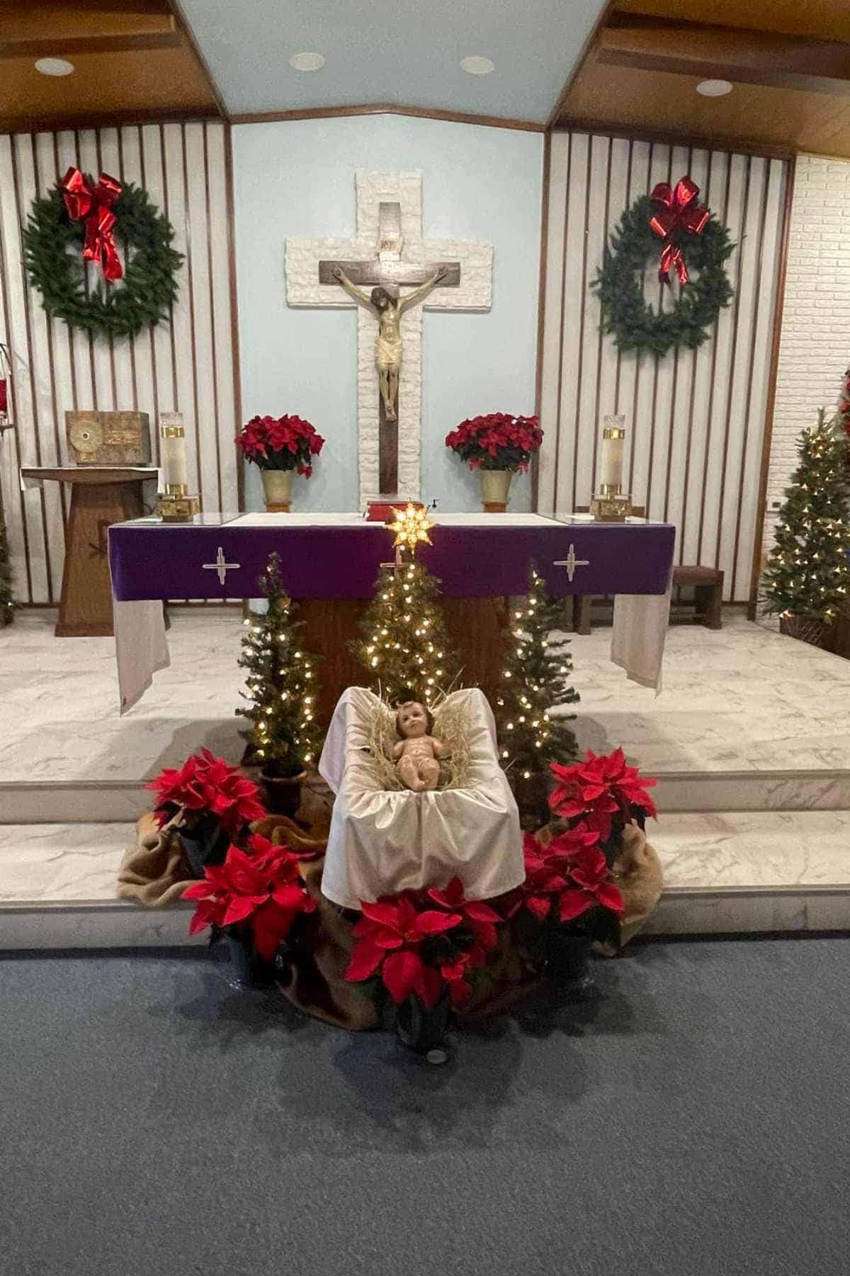 A church altar decorated with poinsettias, Christmas trees, and wreaths features a nativity scene with baby Jesus in a manger, beneath a large crucifix.
