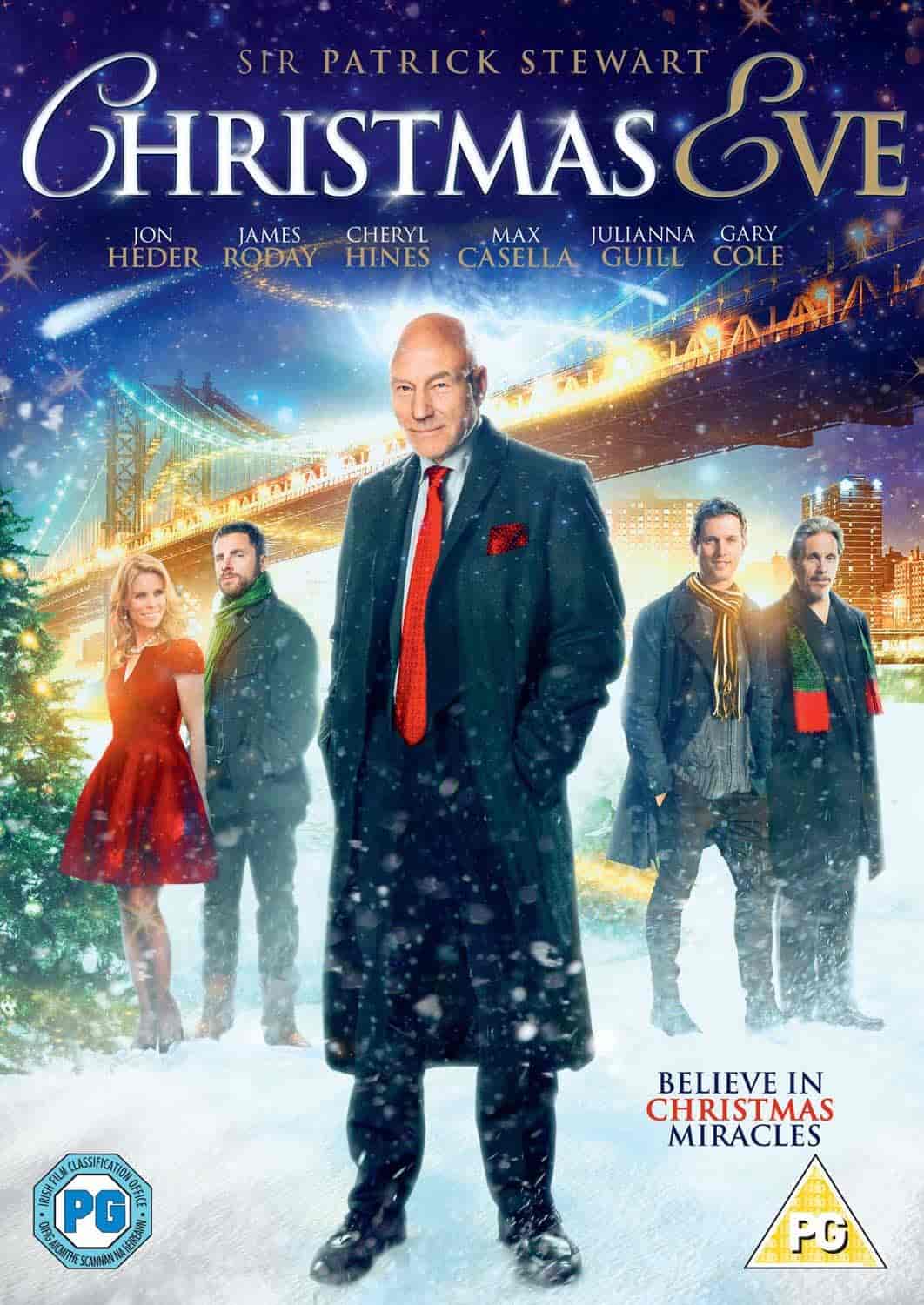 Movie poster for "Christmas Eve" featuring a man in a suit standing in front of a lit bridge, with four other people in festive clothing and a decorated Christmas tree.