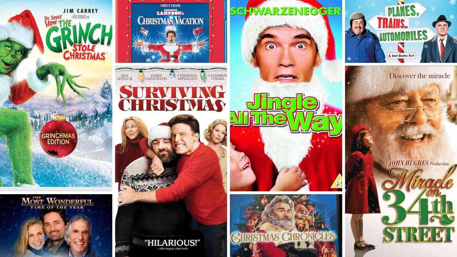 A collage of Christmas movie posters, featuring classic Christmas movies like The Grinch, Jingle All the Way, Miracle on 34th Street, and more.