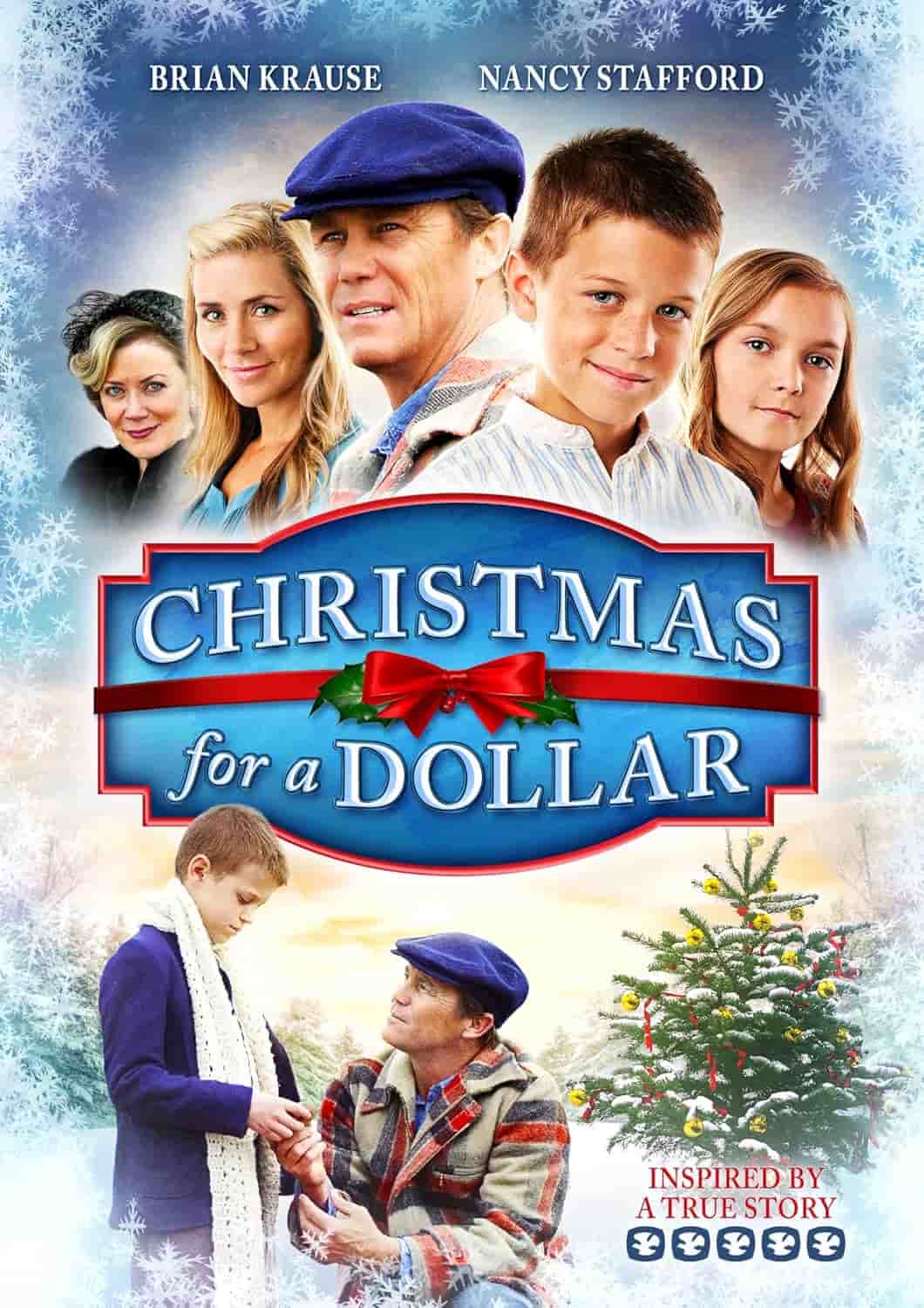 A family stands in winter clothes around a Christmas tree, with the text "Christmas for a Dollar" and "Inspired by a True Story" on the image.