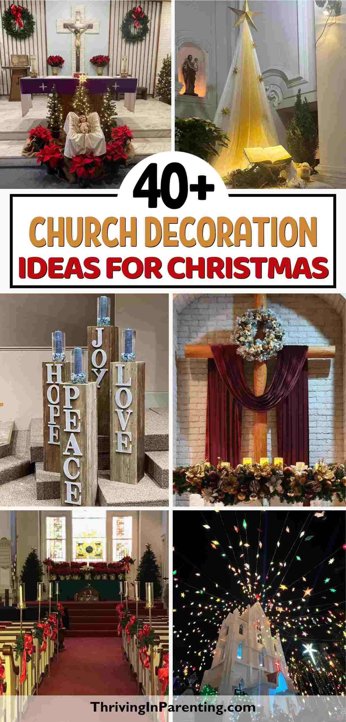 Collage of various Christmas church decoration ideas including wreaths, nativity scenes, poinsettias, candles, and string lights, with text: "40+ Church Decoration Ideas for Christmas.