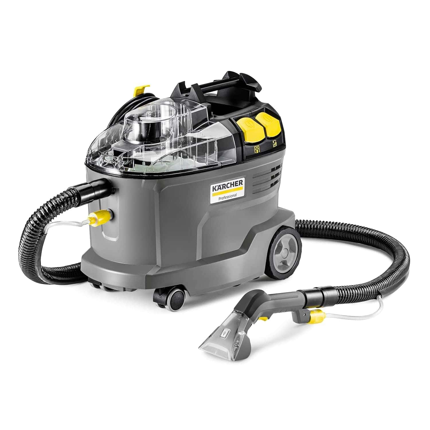 A Kärcher carpet and upholstery cleaner with a transparent water tank, hose, and attached cleaning nozzle, shown on a white background.