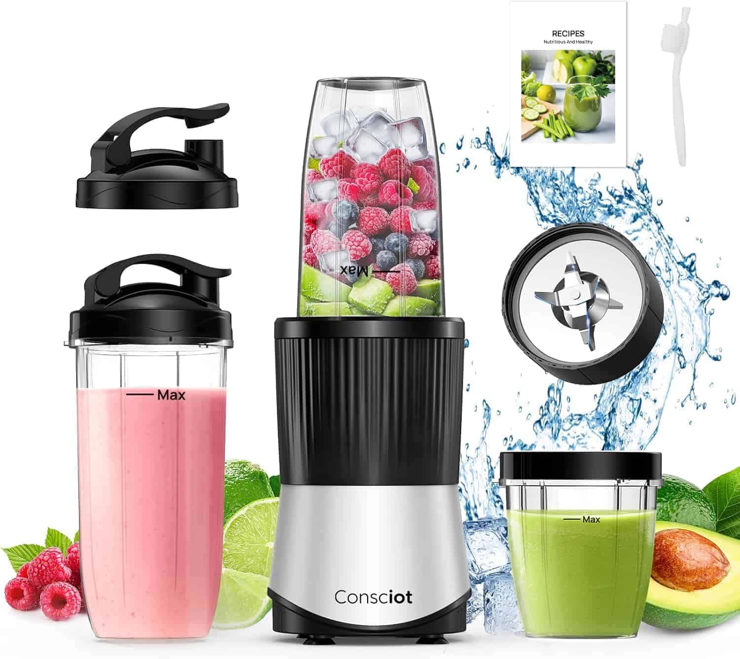 A countertop blender with various accessories, including blending cups filled with smoothies and fruit, a blade attachment, lids, and a recipe booklet, surrounded by fresh ingredients.