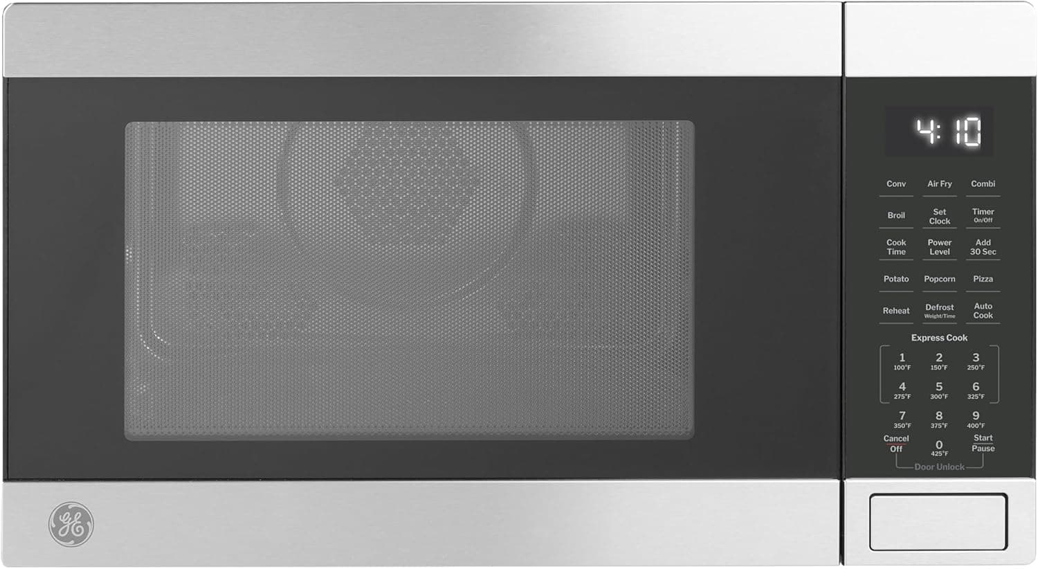 A stainless steel microwave oven with a digital keypad, display showing 4:10, and a visible turntable inside through the glass door.