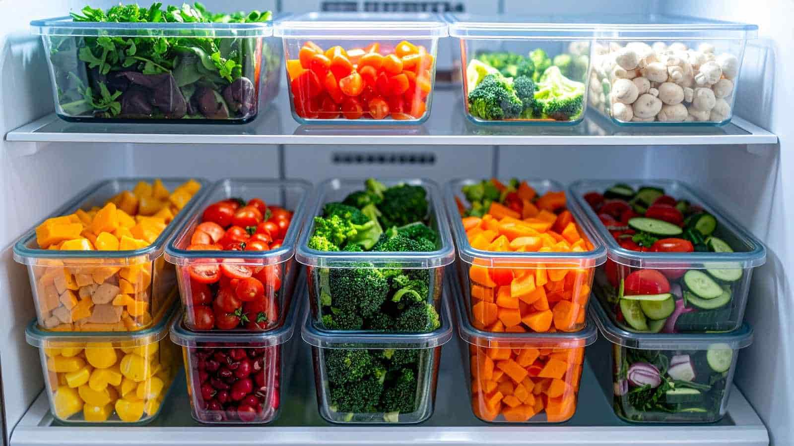 Organized fridge shelves with clear containers holding assorted fresh vegetables, including leafy greens, peppers, broccoli, mushrooms, tomatoes, and mixed chopped produce.