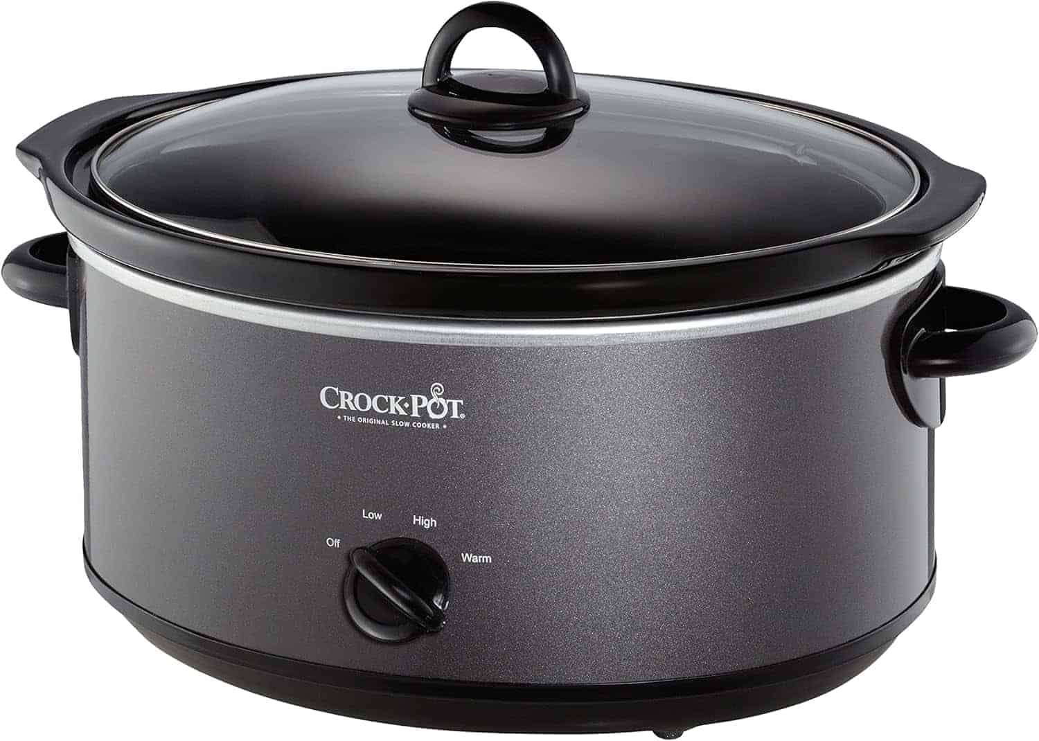 A gray Crock-Pot slow cooker with a glass lid is shown. The front dial has settings for Off, Low, High, and Warm.