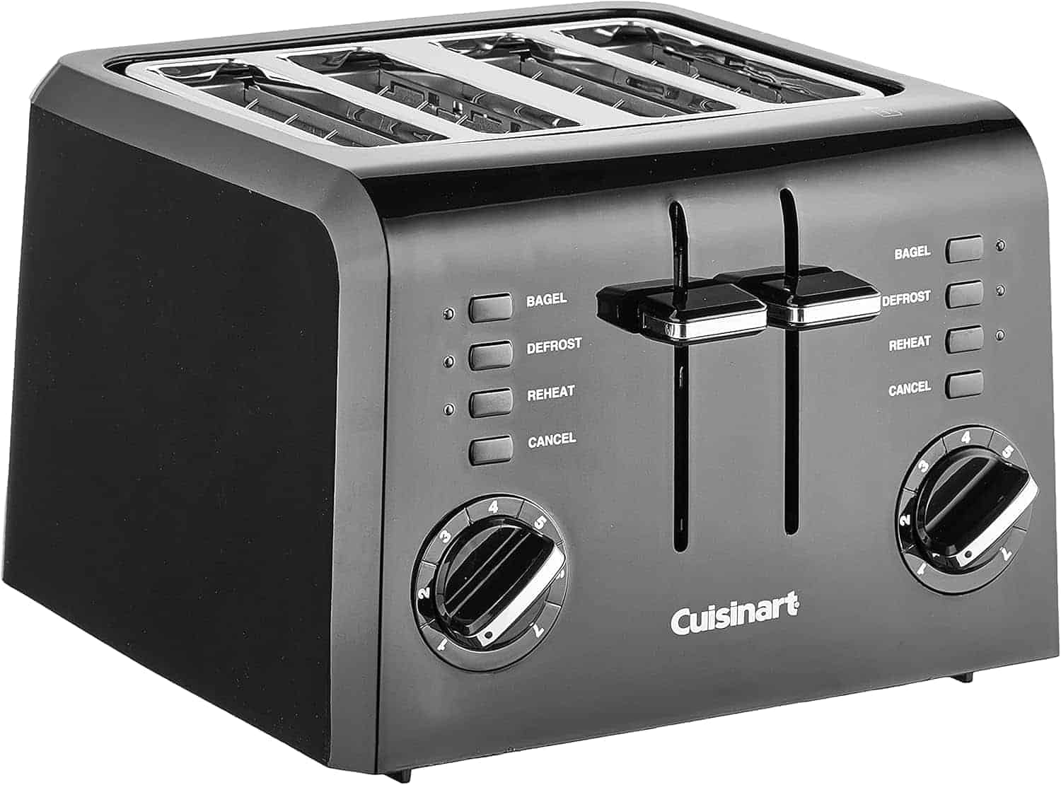 Black Cuisinart four-slice toaster with dual controls, featuring bagel, defrost, reheat, and cancel buttons, as well as browning dials on each side.