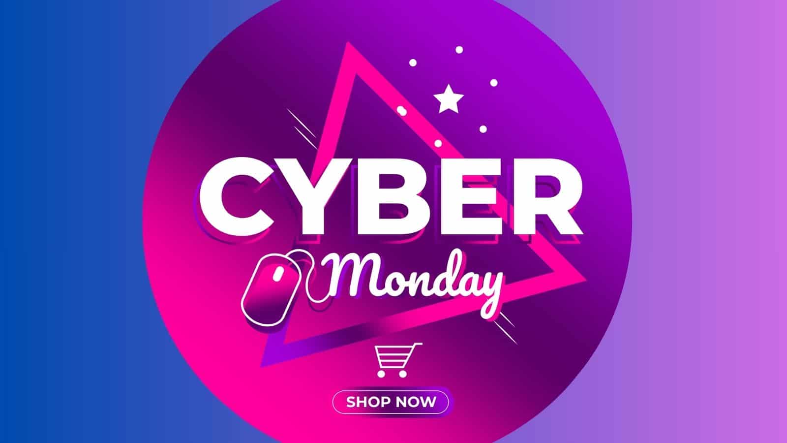 A circular graphic with "Cyber Monday" text, a mouse icon, a pink triangle, stars, and a "Shop Now" button above a shopping cart on a blue-to-purple gradient background.