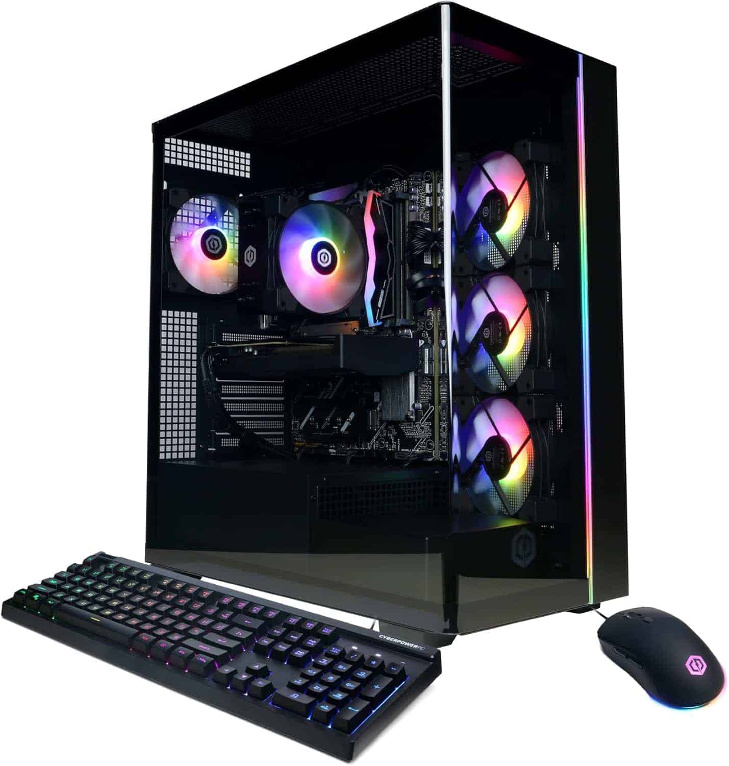 A desktop gaming PC with RGB-lit fans, a transparent side panel, a keyboard, and a mouse displayed in front.