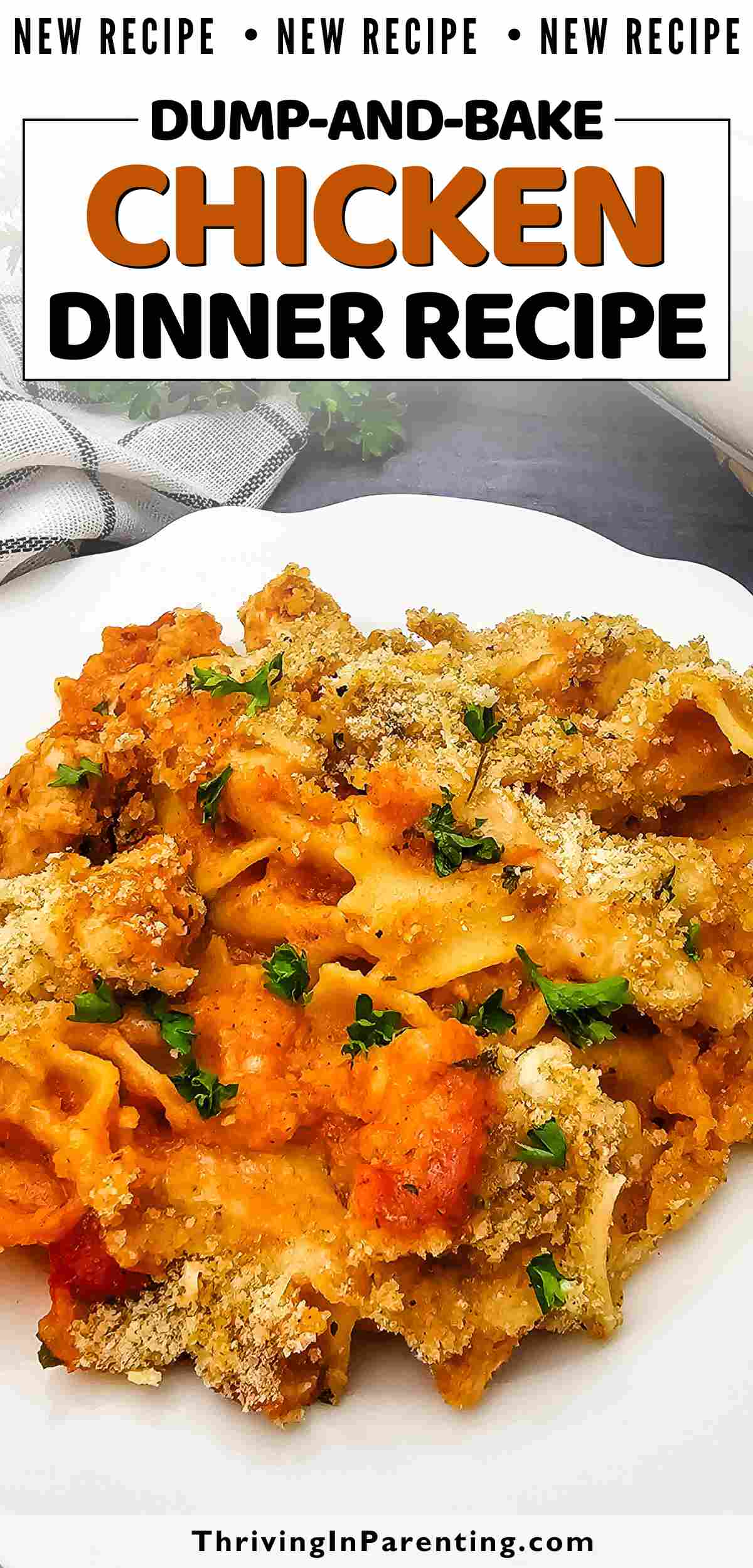 Pin image of dump-and-bake chicken dinner recipe blog post.