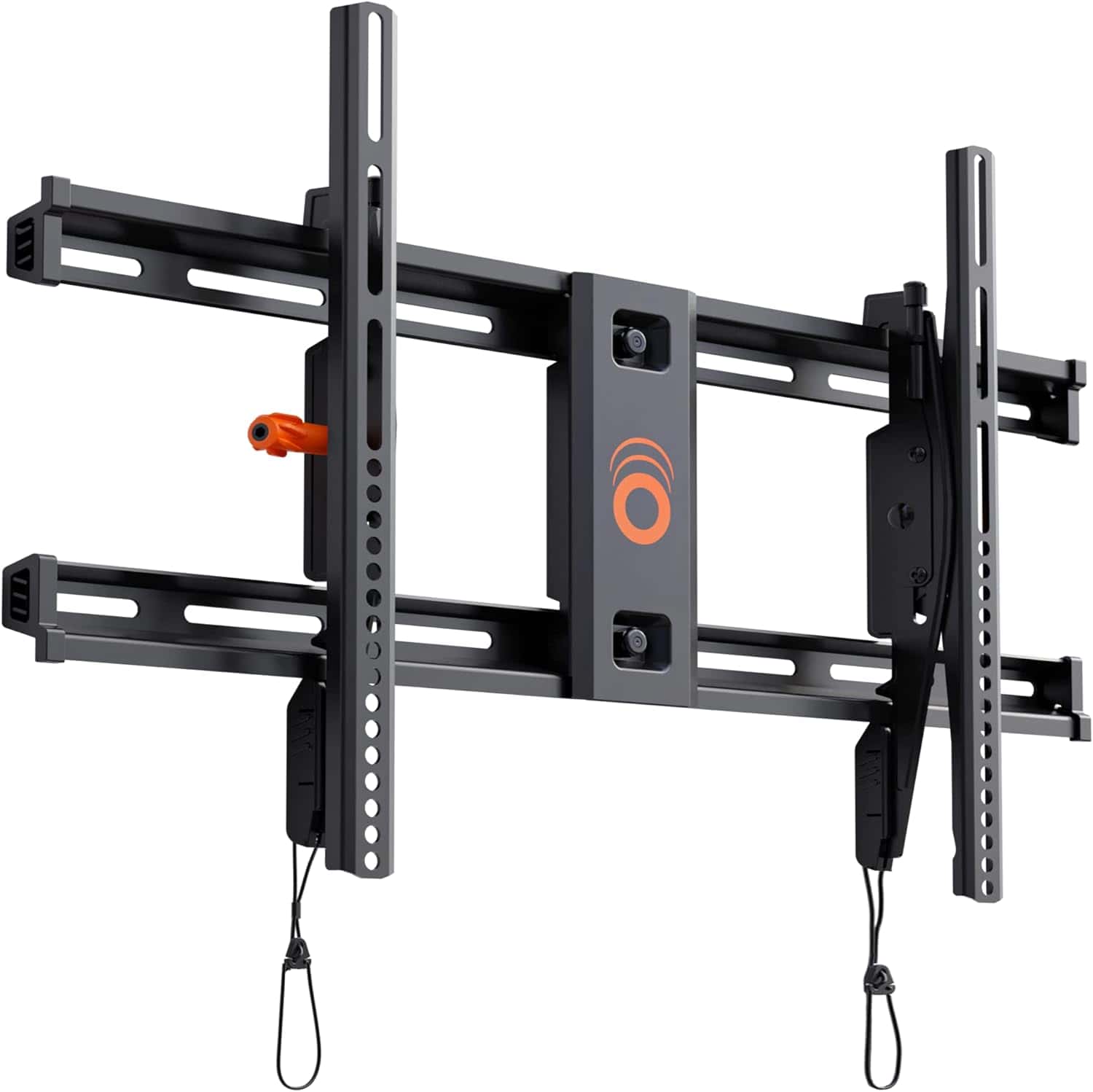 A black metal TV wall mount bracket with adjustable arms and hanging pull cords, shown against a white background.