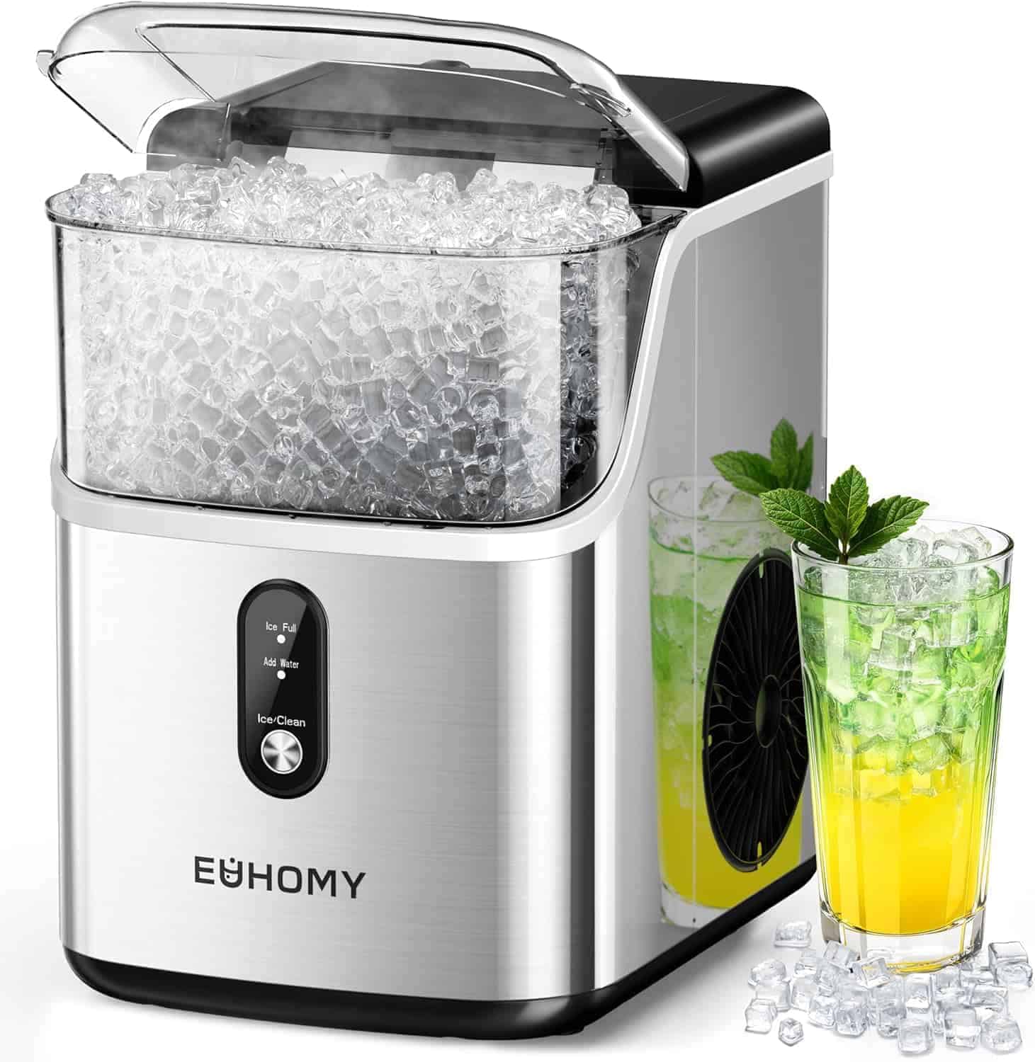 A stainless steel Euhomy ice maker filled with ice cubes, with two glasses of colorful, iced drinks garnished with mint beside it.