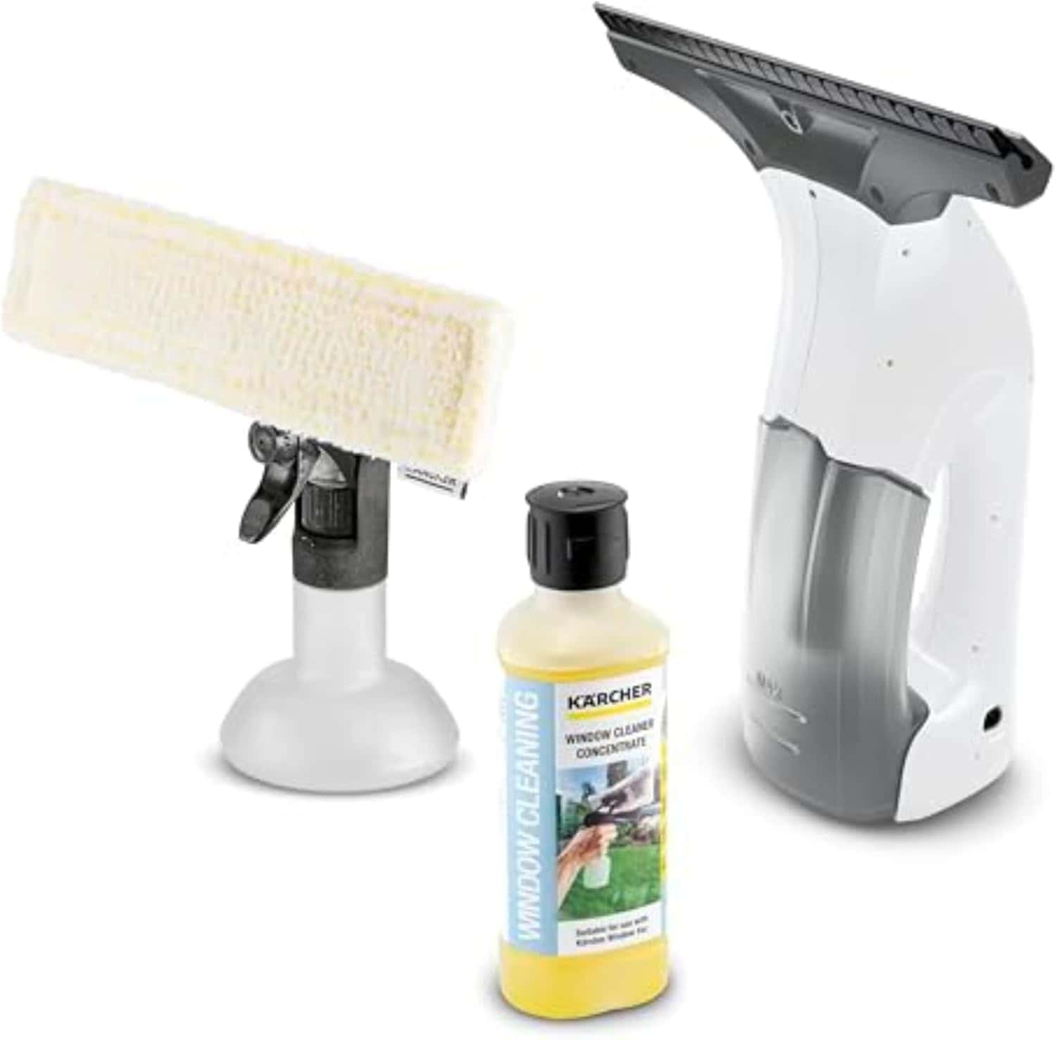 A window cleaning kit including a battery-powered squeegee, a microfiber pad tool, and a bottle of window cleaning concentrate.