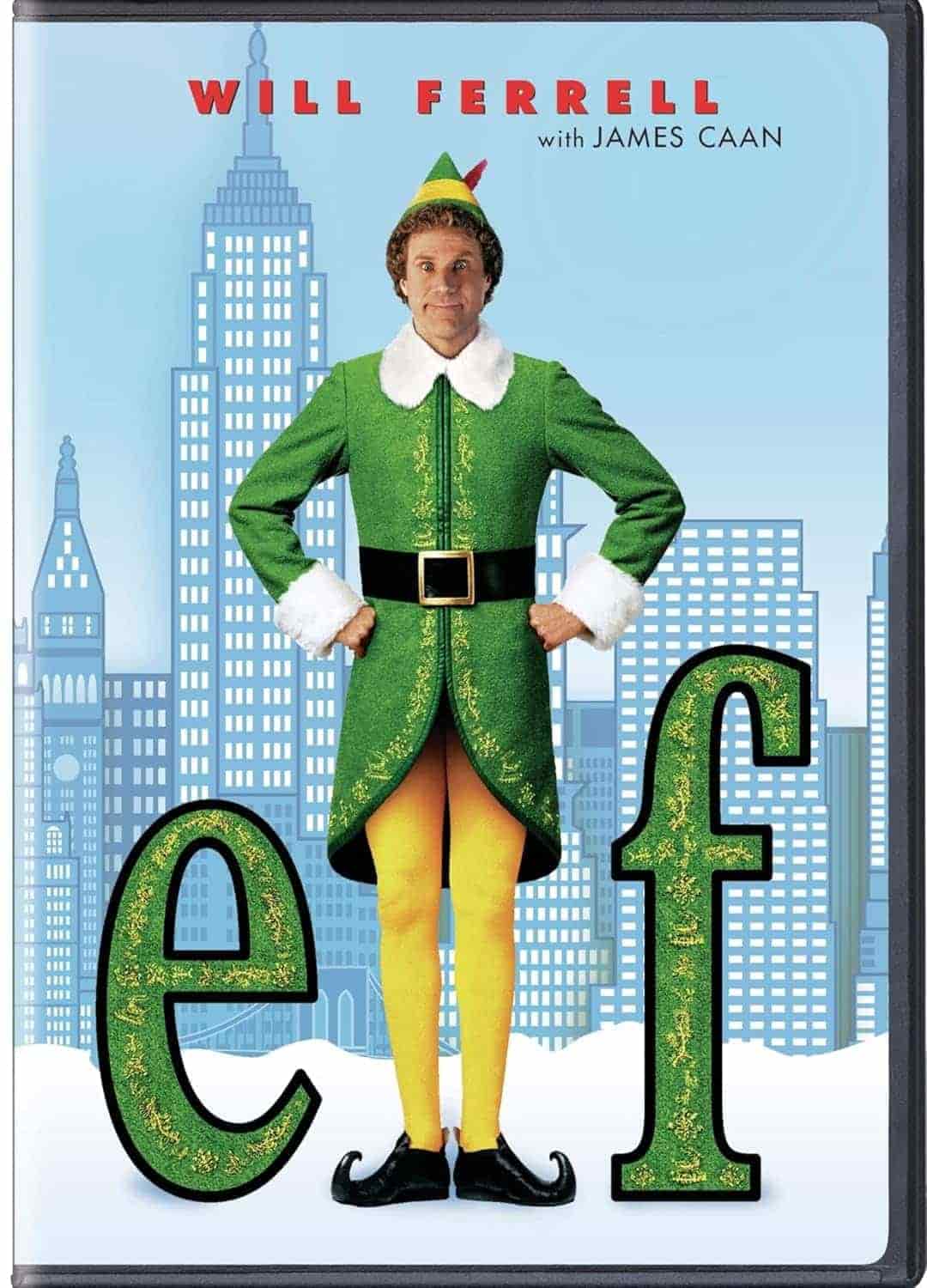 A man in a green elf costume stands in front of a city skyline with the word "elf" in large letters; the cover features the names Will Ferrell and James Caan.
