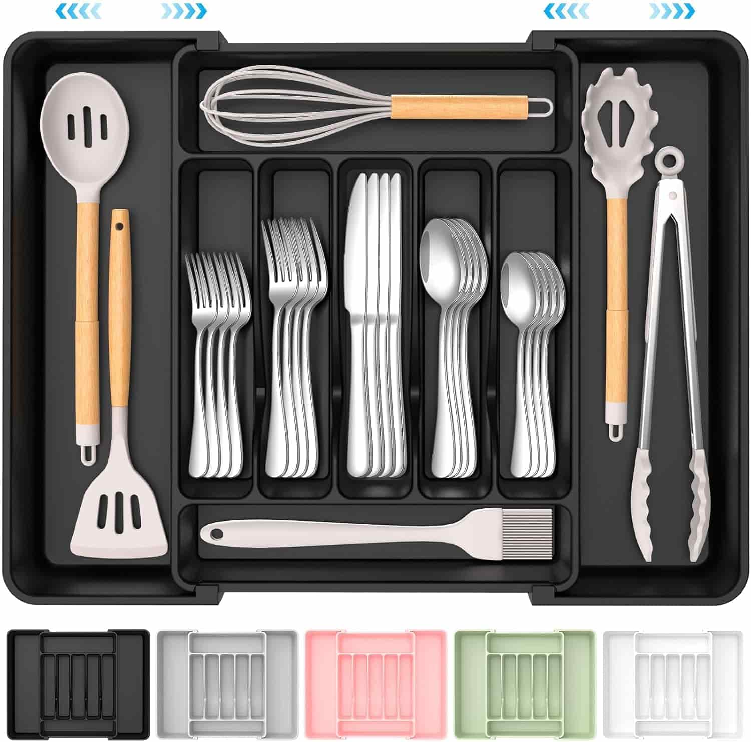 A black utensil tray organized with silverware and kitchen tools, including forks, spoons, knives, spatula, tongs, whisk, pasta server, and basting brush with wooden handles.