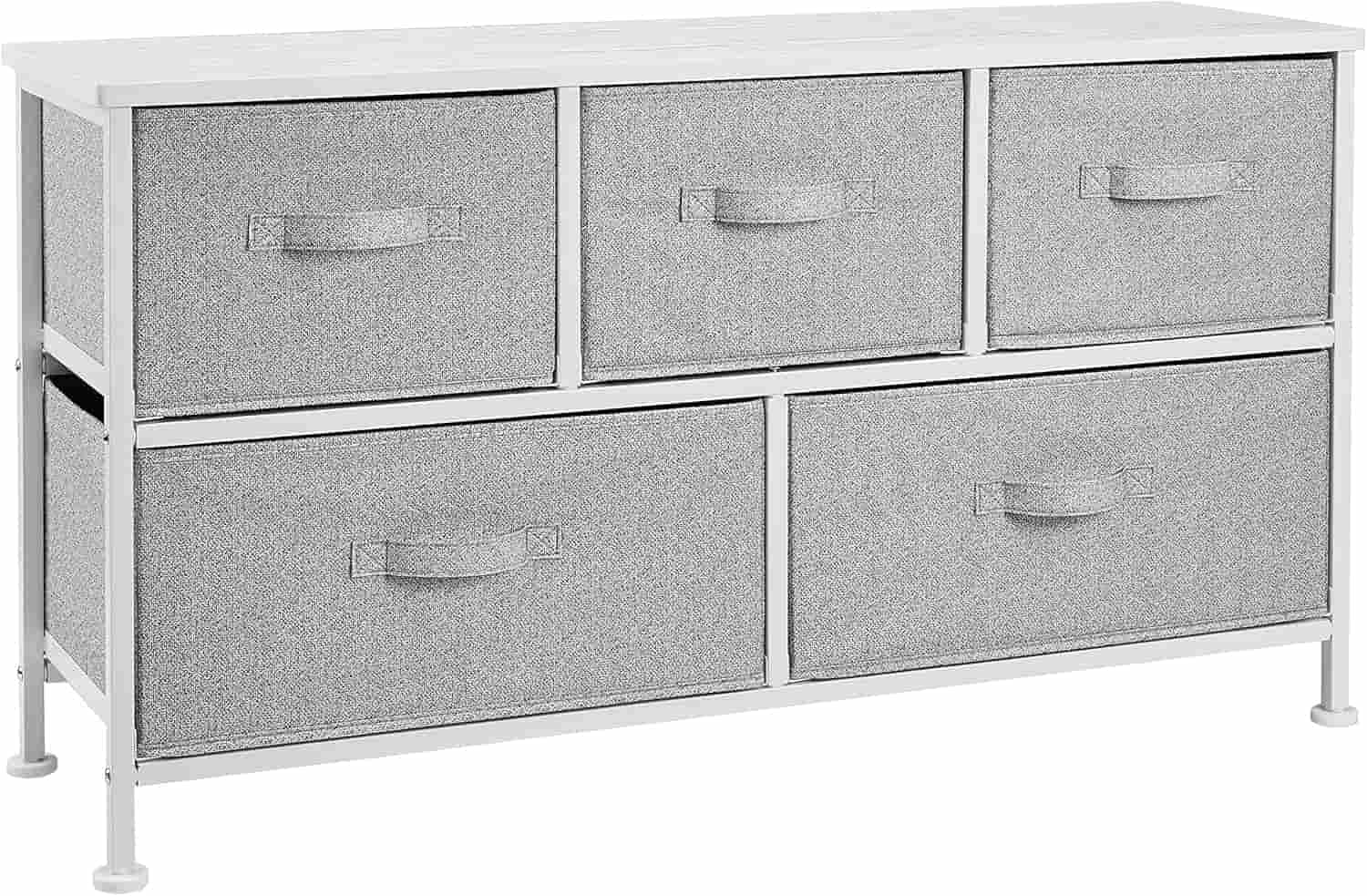 A white metal frame dresser with five gray fabric drawers, arranged in two rows; three drawers on top and two larger drawers on the bottom.