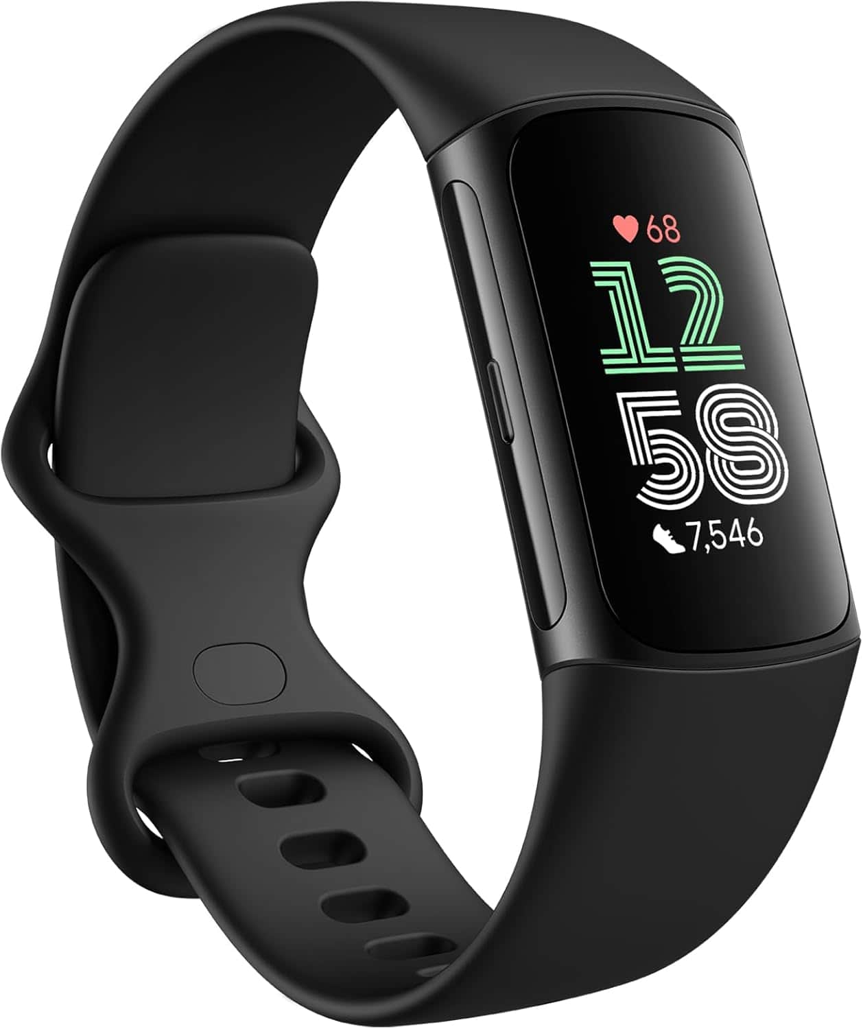 A black fitness tracker smartwatch displays heart rate, time, and step count on its screen.