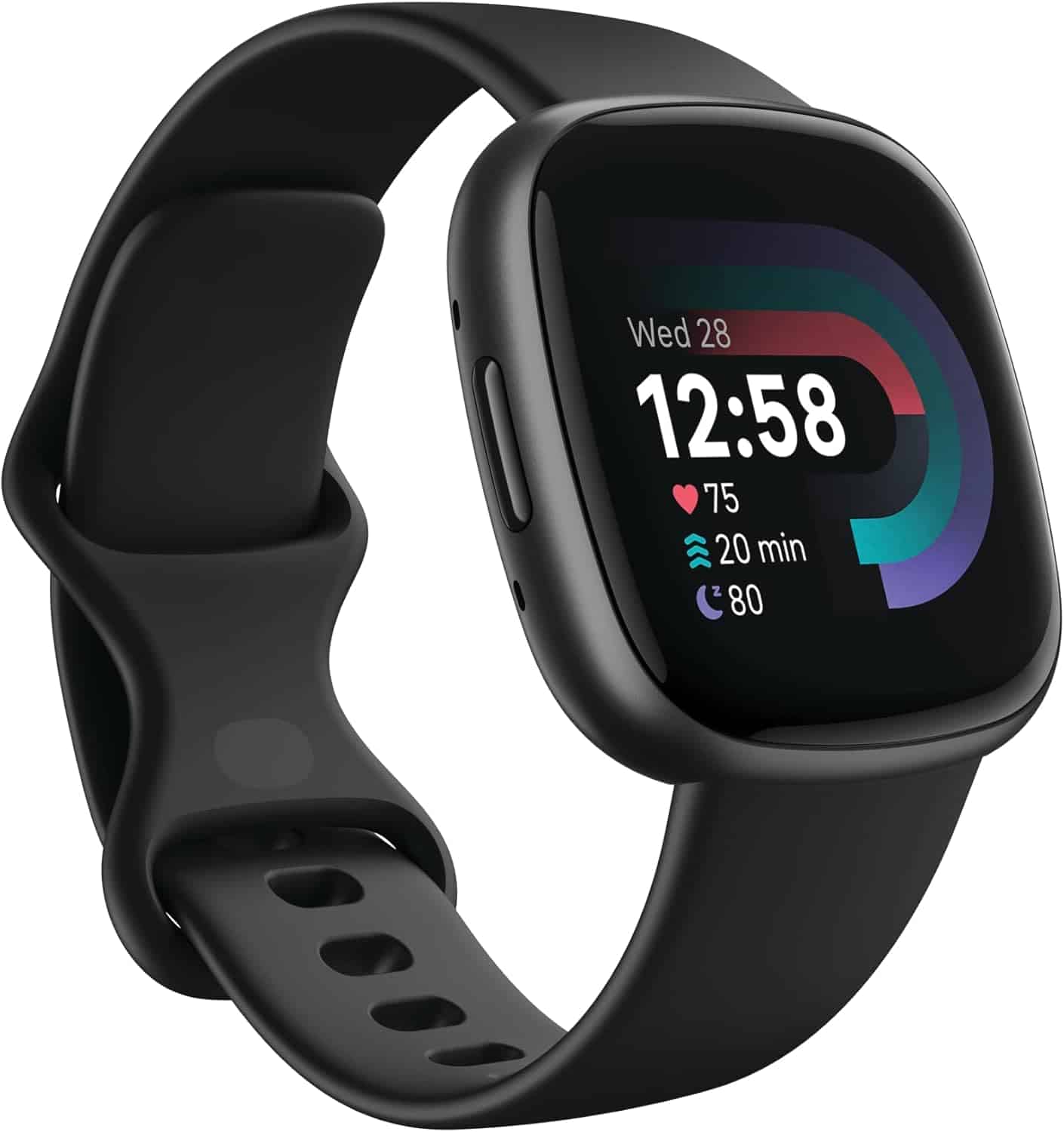 A black smartwatch displays the time, date, heart rate, exercise minutes, and steps on its color screen.