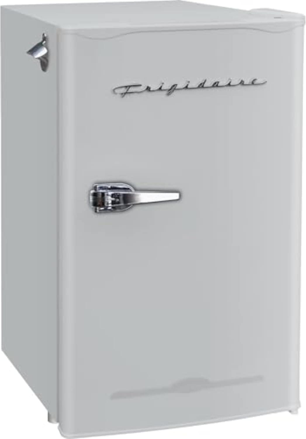 A retro-style white Frigidaire refrigerator with a chrome handle and vintage logo on the door.