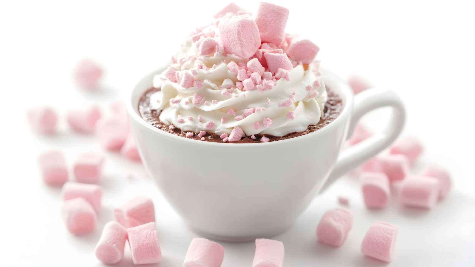 A white cup filled with hot chocolate, topped with whipped cream and pink mini marshmallows, surrounded by scattered marshmallows on a white surface.