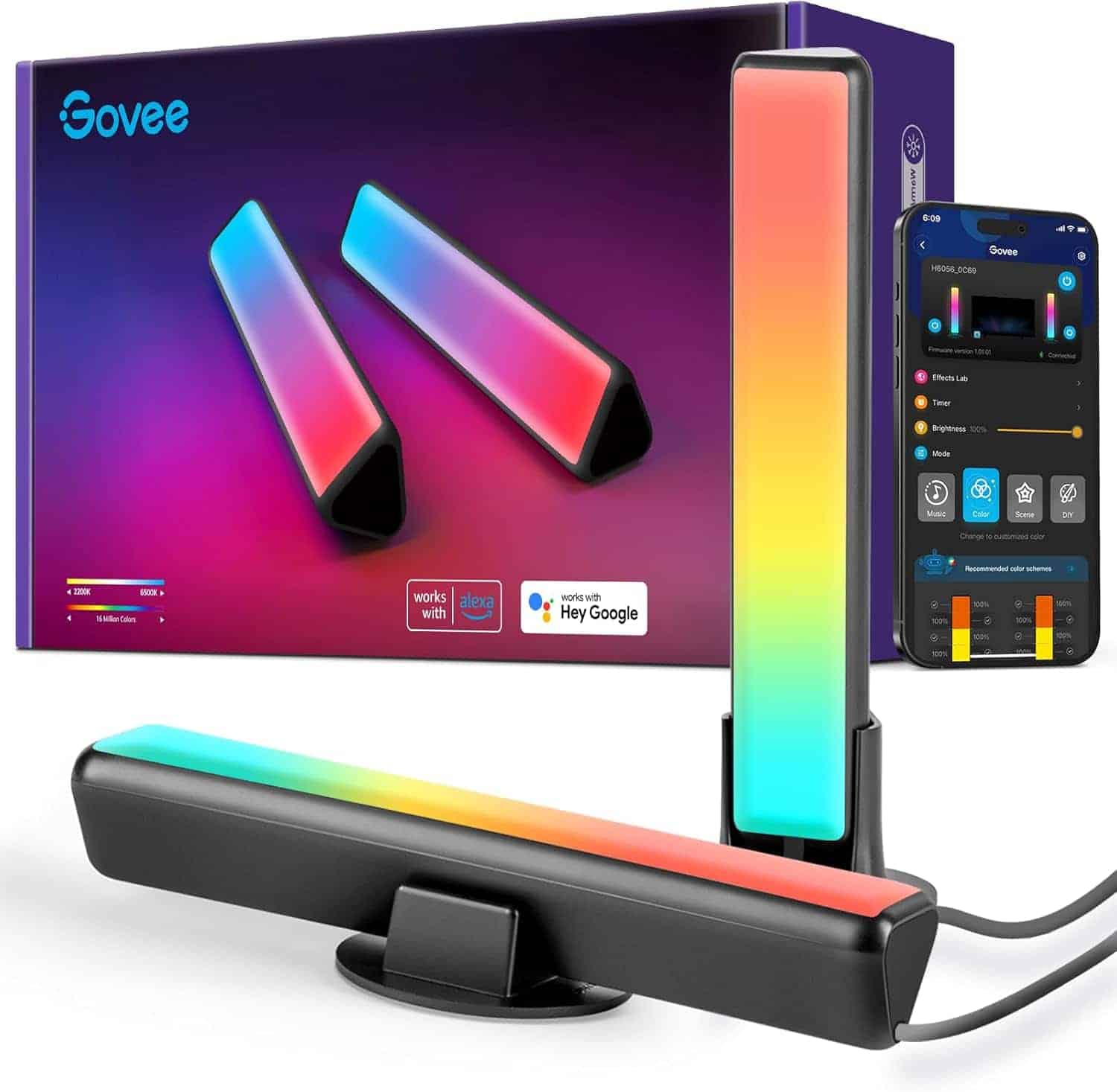 Two Govee LED light bars with multicolor illumination are displayed, alongside their packaging and a smartphone showing the Govee control app interface.