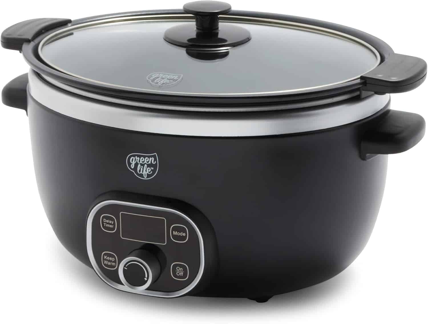 A black GreenLife electric slow cooker with a digital control panel, a glass lid, and side handles.