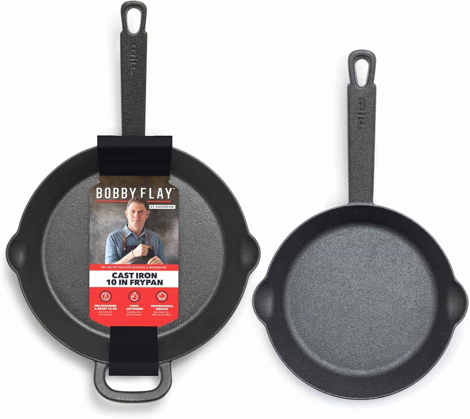 Two Bobby Flay branded cast iron 10-inch frypans, one with a product label and one without, both featuring long handles and side pour spouts.