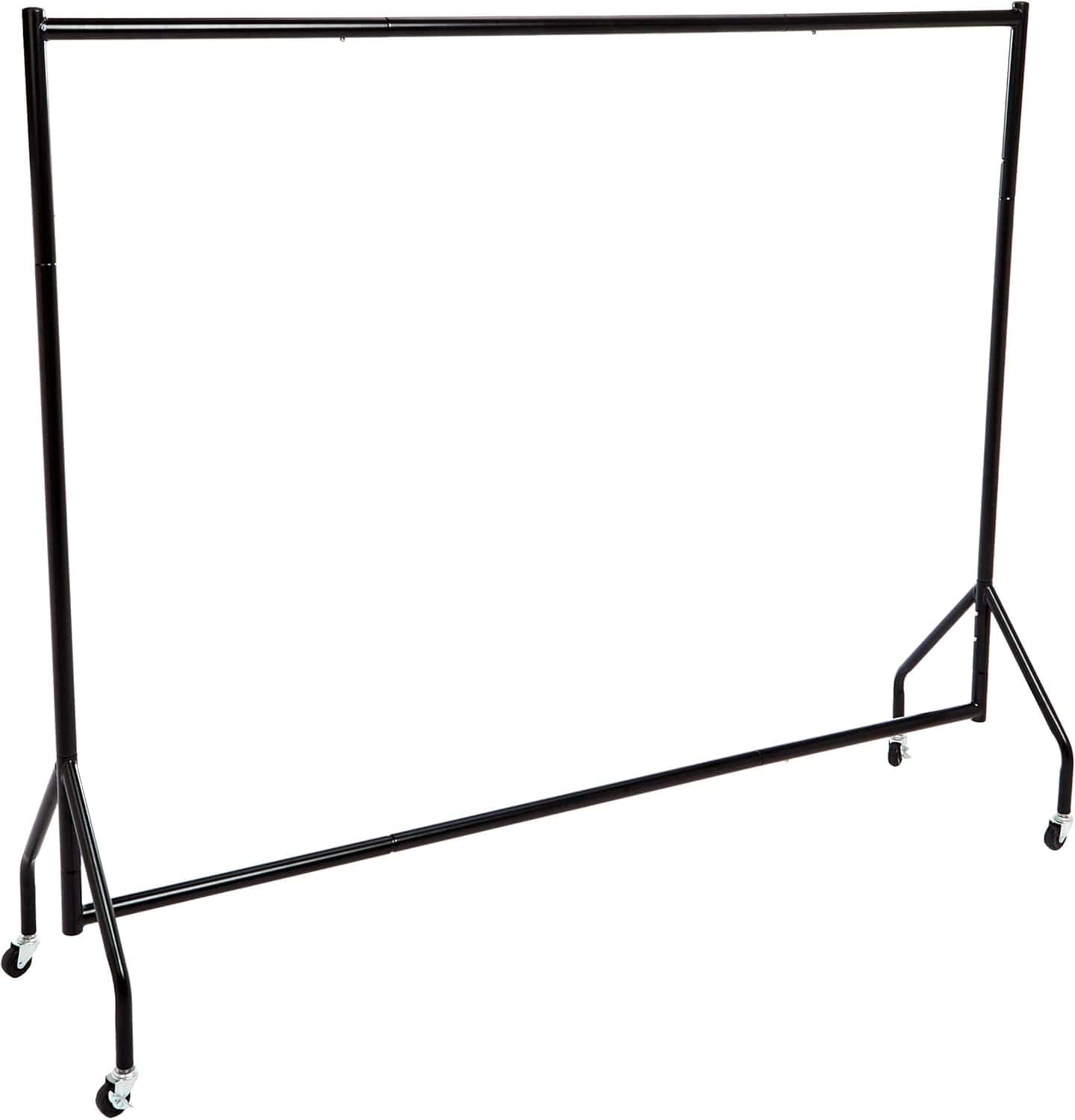 Black metal garment rack with four wheels, standing empty against a white background.