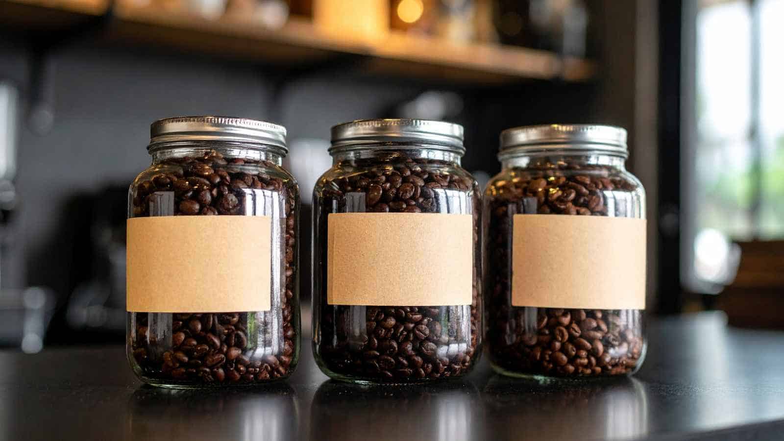 Three glass jars filled with coffee beans sit on a counter, each with a blank beige label, against a blurred background.