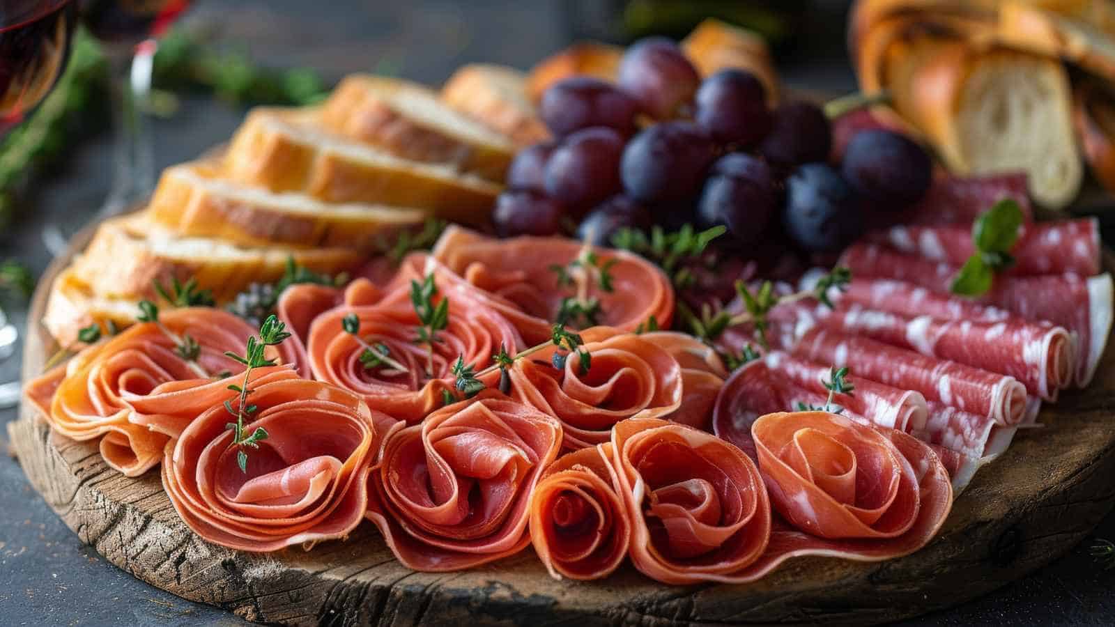 A charcuterie board with sliced cured meats, bread, grapes, and herbs arranged neatly on a wooden platter.