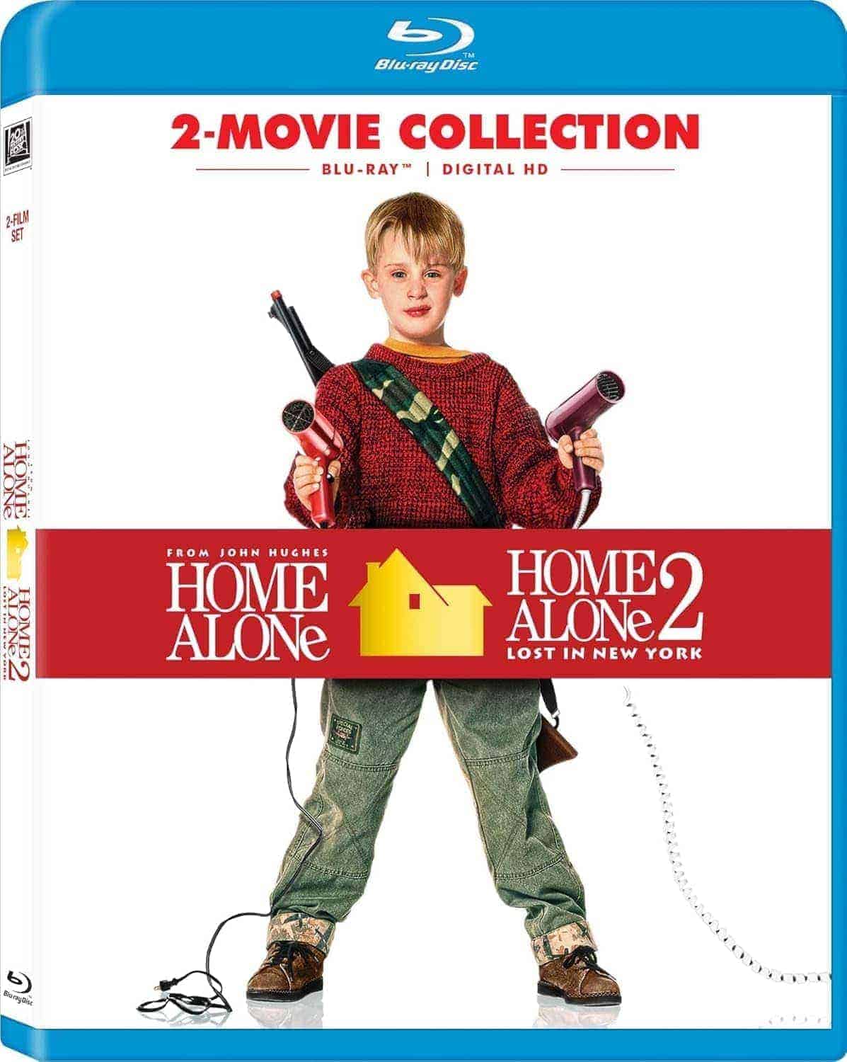 Blu-ray cover for "Home Alone" and "Home Alone 2: Lost in New York" 2-movie collection, featuring a boy holding a hairdryer and toy weapons.