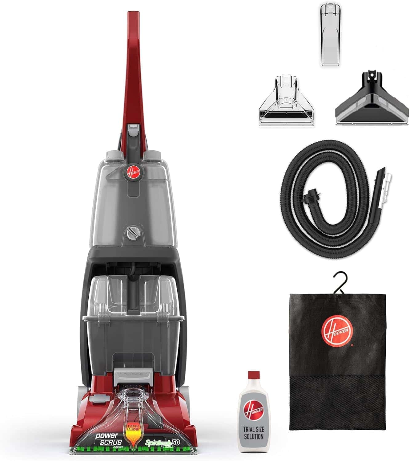A red and gray upright carpet cleaner with attachments, hose, cleaning solution, and carrying bag arranged on a white background.