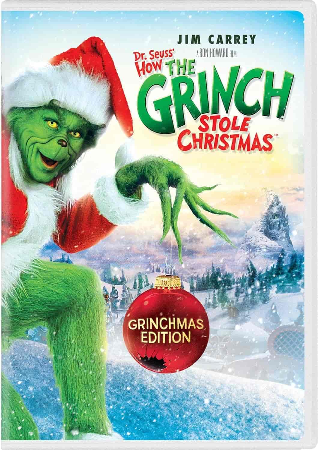 DVD cover of "Dr. Seuss’ How The Grinch Stole Christmas" featuring the Grinch in a Santa suit holding a red ornament labeled "Grinchmas Edition" against a snowy background.