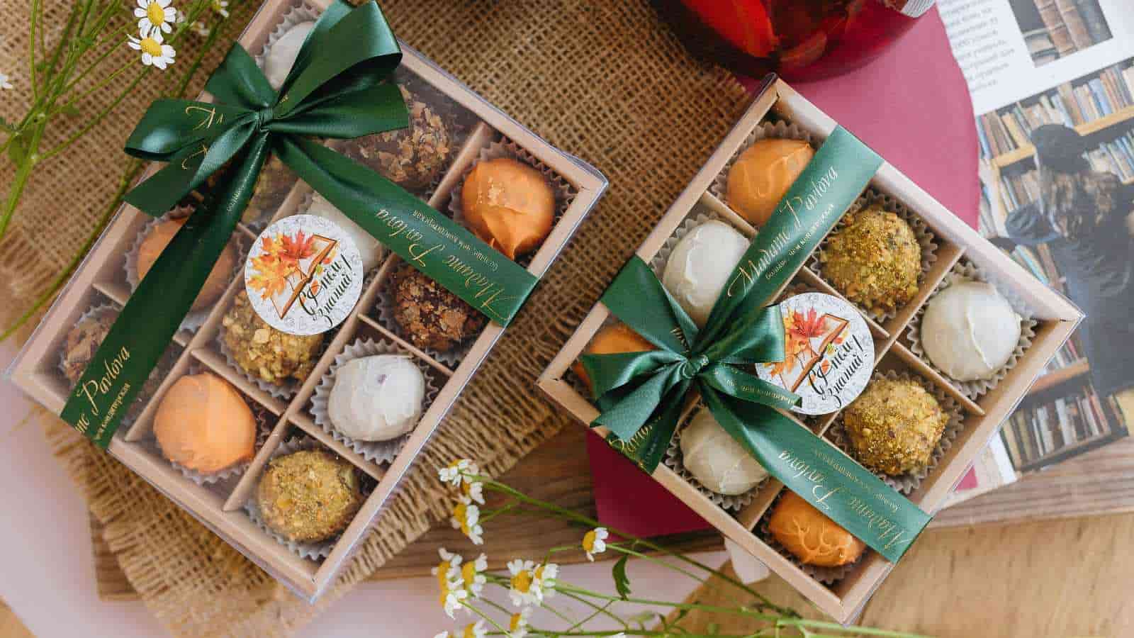 Two gift boxes of assorted truffles with green ribbons are placed on a rustic surface next to flowers and an open book or magazine.