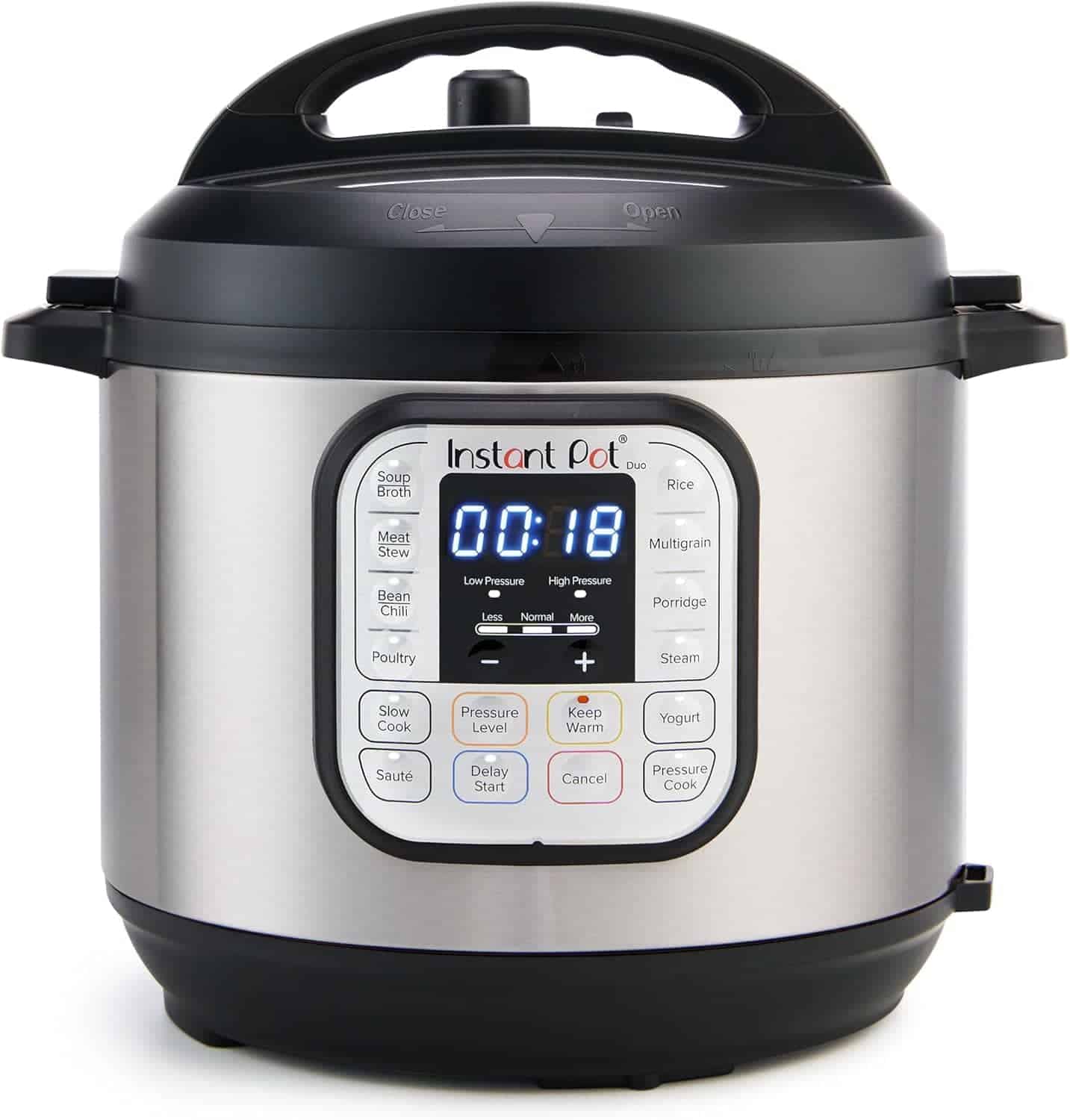 A stainless steel Instant Pot electric pressure cooker with a digital display showing 00:18 and various cooking function buttons on the front panel.