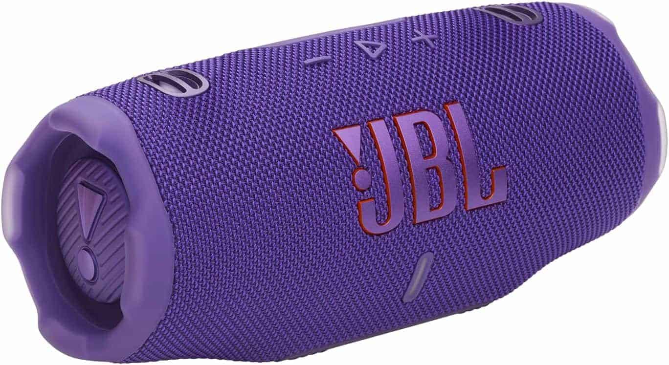 A purple JBL portable Bluetooth speaker featuring control buttons on top and the JBL logo in orange on the side.