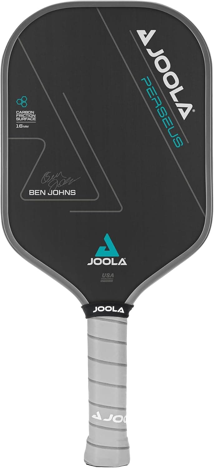Black JOOLA Perseus pickleball paddle with a gray handle, featuring Ben Johns' signature and branding details on the face.