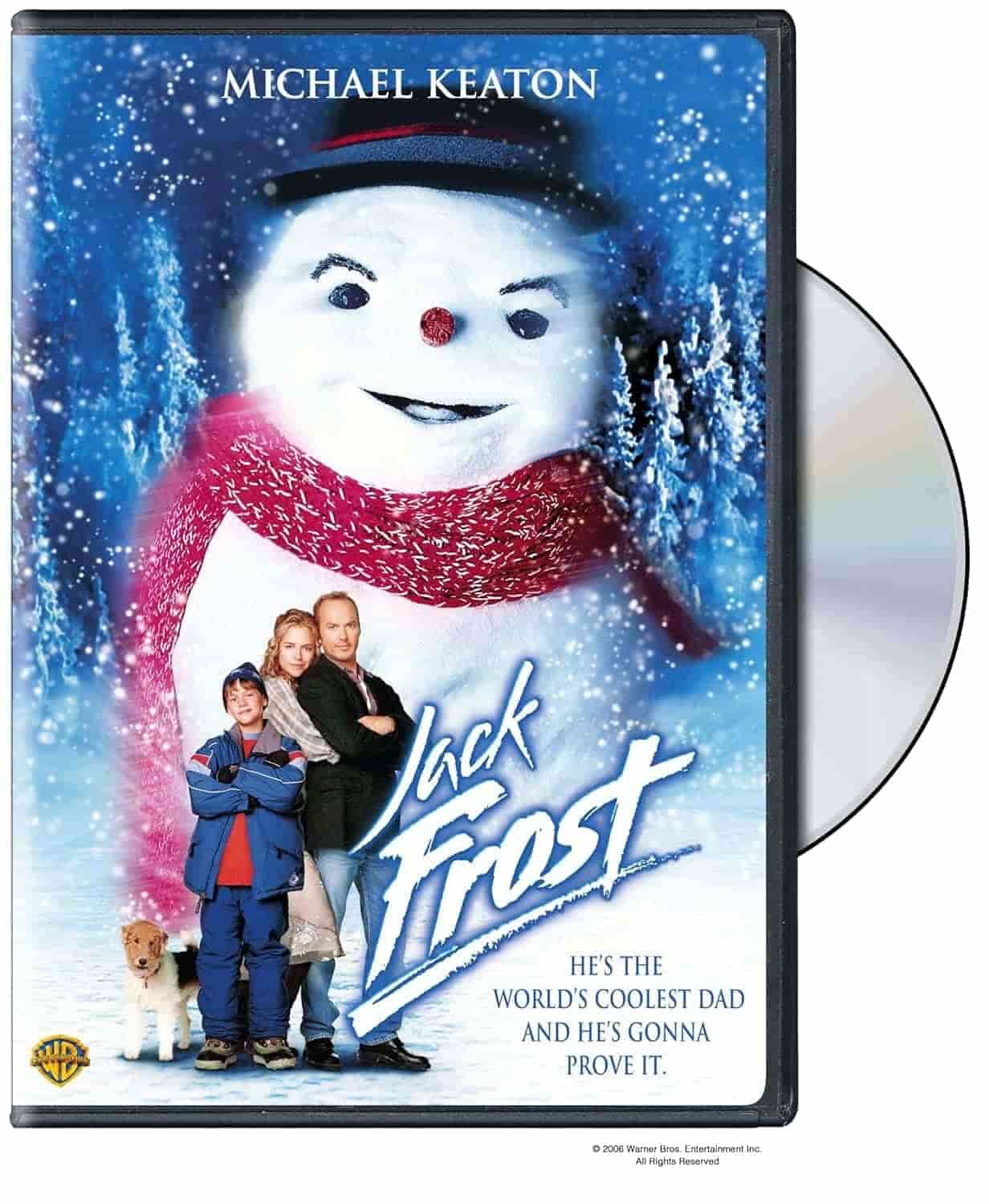 DVD cover for the movie "Jack Frost" showing a snowman with a red scarf and three people standing in front of him, along with a dog; a disc is visible beside the case.